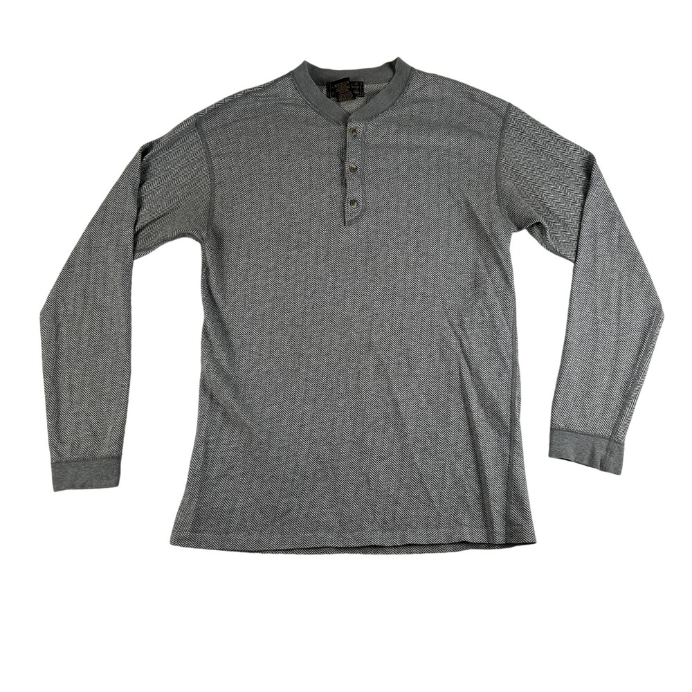 Vintage Eddie Bauer Shirt Mens Medium Gray Herringbone Henley Made USA 90s